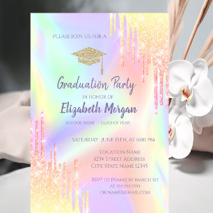 Glitter Graduation Cap,Ombre Drips Holographic Invitation