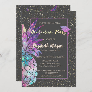 Glitter Graduation Cap, Pineapple, Confetti Invitation