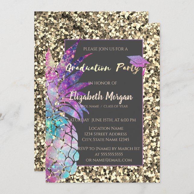 Glitter Graduation Cap, Pineapple, Sequins Invitation (Front/Back)