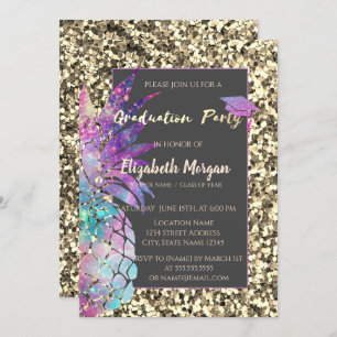 Glitter Graduation Cap, Pineapple, Sequins Invitation