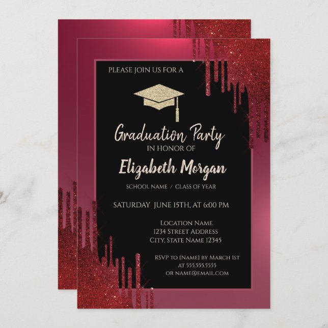Glitter Graduation Cap,Red Drips Red Graduation Invitation (Front/Back)