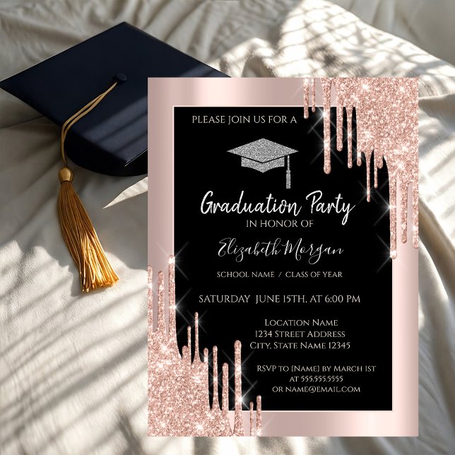 Glitter Graduation Cap,Rose Gold Drips,Black Invitation (Creator Uploaded)