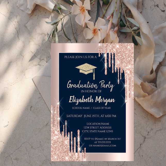 Glitter Graduation Cap,Rose Gold Drips,Navy Blue Invitation (Creator Uploaded)