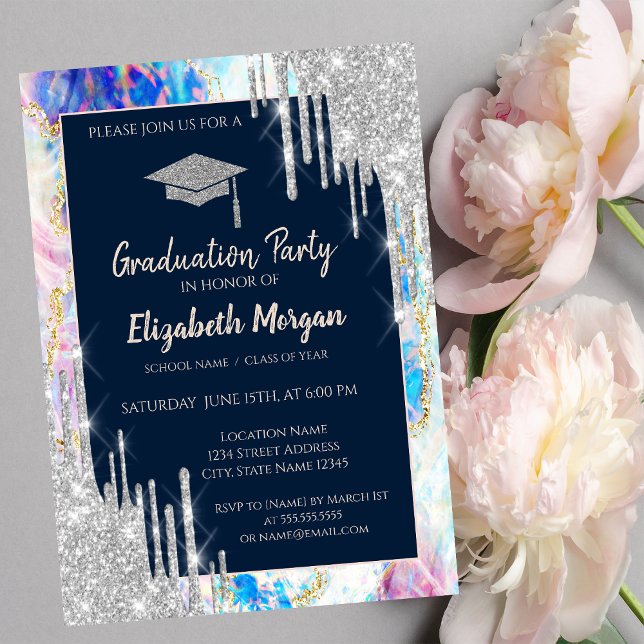 Glitter Graduation Cap,Silver Drips,Opal,Navy Blue Invitation (Creator Uploaded)