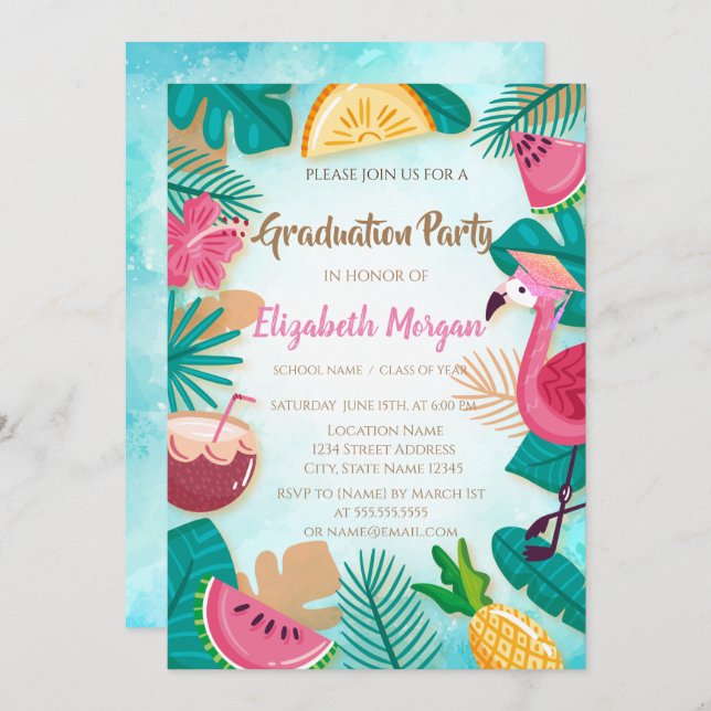 Glitter Graduation Cap,Tropical Graduation Invitation (Front/Back)