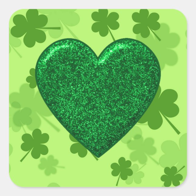 Glitter Green Heart and Shamrock Square Stickers (Front)