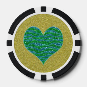 Glitter Green Heart on Gold Glitter Background Poker Chips