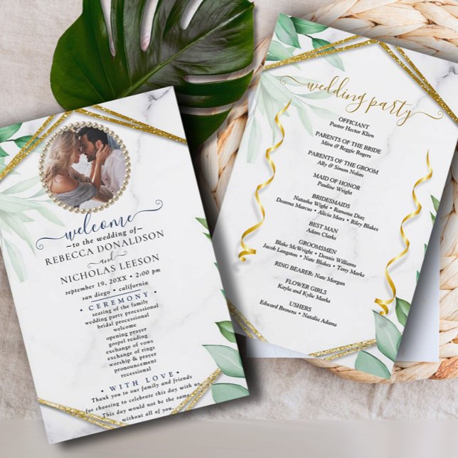 Glitter Greenery Elegant Photo Wedding Program (Creator Uploaded)
