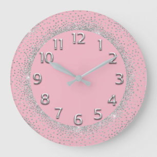 Glitter Grey Numbers Pink Delicate Grey Silver Large Clock