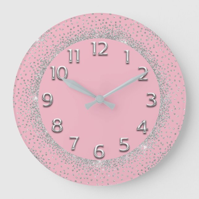 Glitter Grey Numbers Pink Delicate Grey Silver Large Clock (Front)