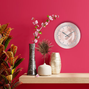 Glitter Grey Rose Gold Metal Blush Beauty Lux Large Clock