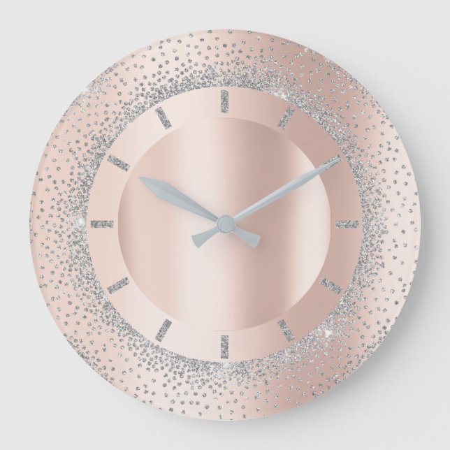 Glitter Grey Rose Gold Metal Blush Crystals Large Clock (Front)