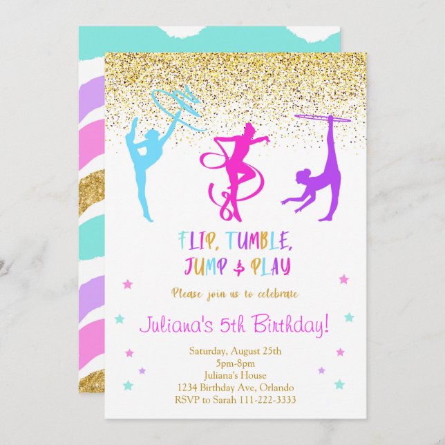Glitter Gymnastic Birthday Invitation (Front/Back)
