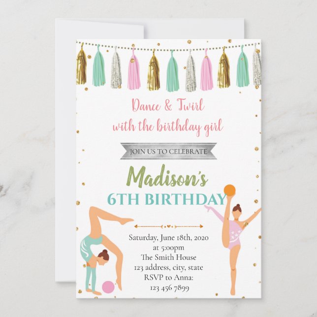 Glitter gymnastic dance birthday party invitation (Front)