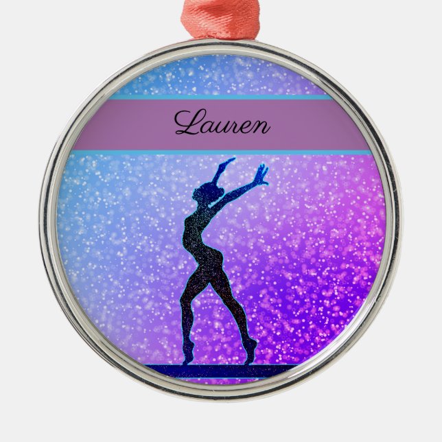 Glitter Gymnastics Beam Blue and Purple Metal Ornament (Front)