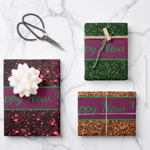Glitter Happy New Year Glitter Text 3-piece   Wrapping Paper Sheet