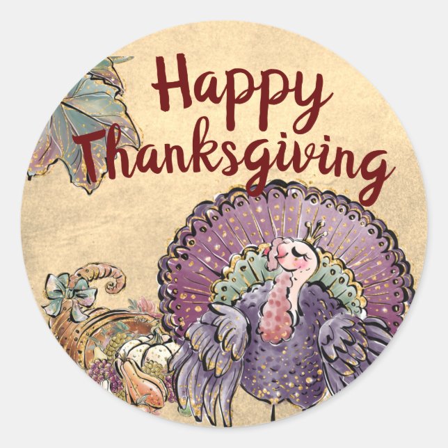 Glitter Happy Thanksgiving Turkey and Cornucopia Classic Round Sticker (Front)
