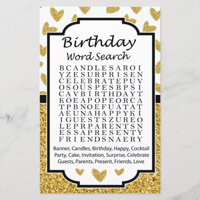 Glitter heart Birthday word search game (Front)