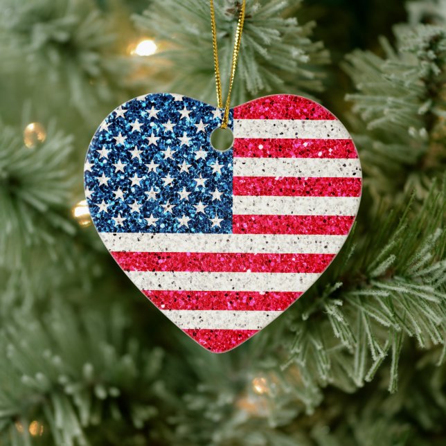    Glitter Heart Patriotic American USA Flag Party Ceramic Ornament (Tree)