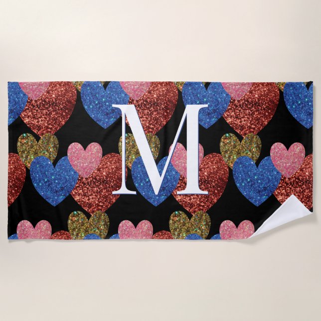 Glitter Hearts Modern Glam Monogram Beach Towel (Front)