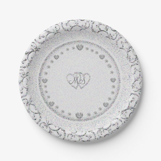 Glitter Hearts Monogram | Wedding Paper Plate (Front)