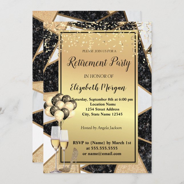 Glitter Heels,Ballons,Marble Retirement Party Invitation (Front/Back)