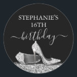 Glitter High Heel 16th Birthday Silver Favour  Classic Round Sticker<br><div class="desc">Elegant and Chic Modern Silver and Black 16th Birthday Personalised Envelope Seal or Favour Labels with Faux Glitter Silver High Heel Stiletto Shoes and custom name calligraphy script cursive in black and white.</div>
