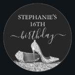 Glitter High Heel 16th Birthday Silver Favour  Classic Round Sticker<br><div class="desc">Elegant and Chic Modern Silver and Black 16th Birthday Personalised Envelope Seal or Favour Labels with Faux Glitter Silver High Heel Stiletto Shoes and custom name calligraphy script cursive in black and white.</div>
