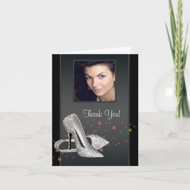 Glitter HIgh Heel Shoes Photo Thank You Cards (Front)