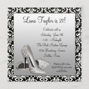 Glitter High Heels Black Damask Birthday Party Invitation