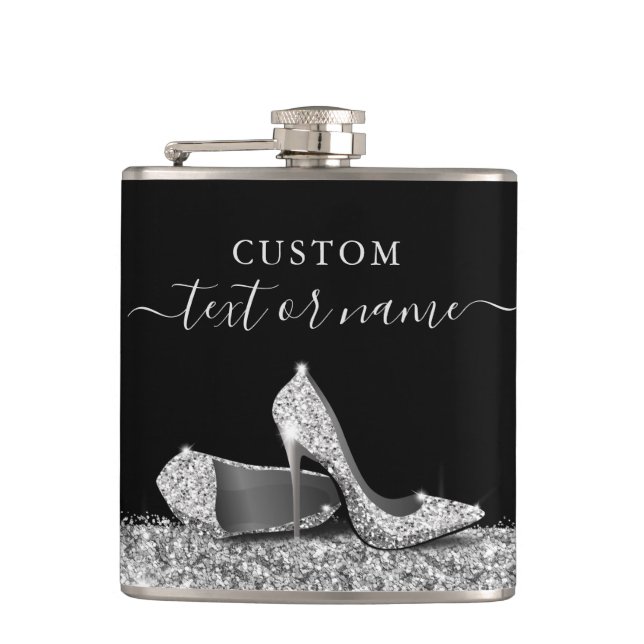 Glitter High Heels Black Silver Personalised Hip Flask (Front)