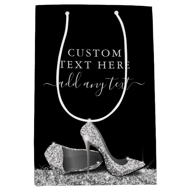 Glitter High Heels Black Silver Personalised Medium Gift Bag (Front)