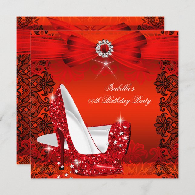 Glitter High Heels Red Lace Diamond Silver Party 2 Invitation (Front/Back)