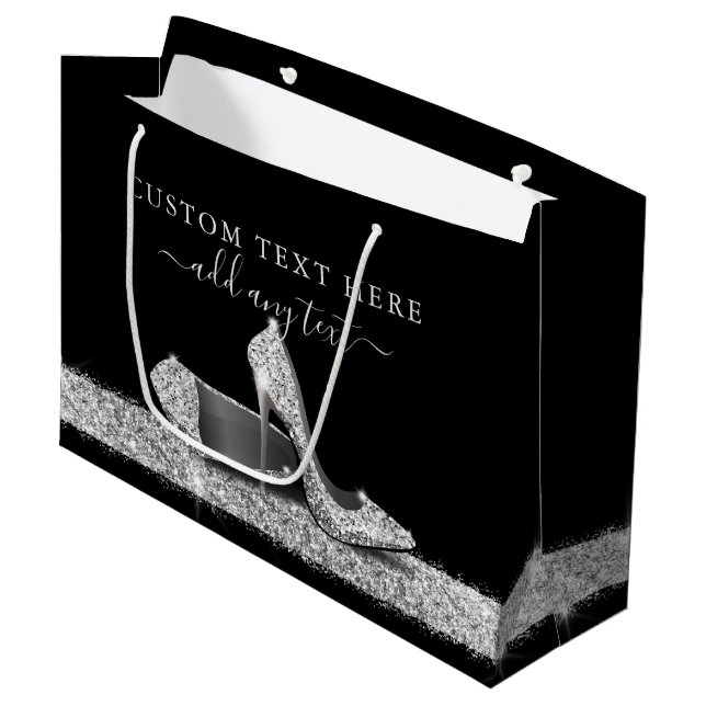 Glitter High Heels Silver Black Personalised Large Large Gift Bag (Front Angled)