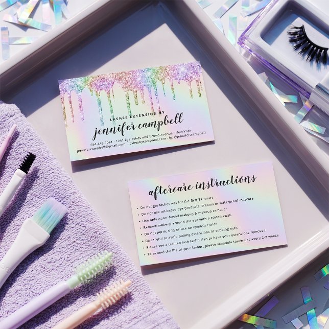 Glitter holographic lash aftercare instructions business card (Glitter holographic lash aftercare instructions)