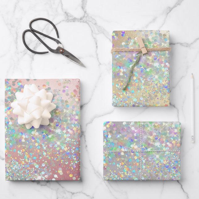 Glitter holographic rose pink gold silver sparkle wrapping paper sheet (Front)
