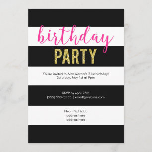 Glitter Hot Pink Black Stripes Birthday Party Invitation