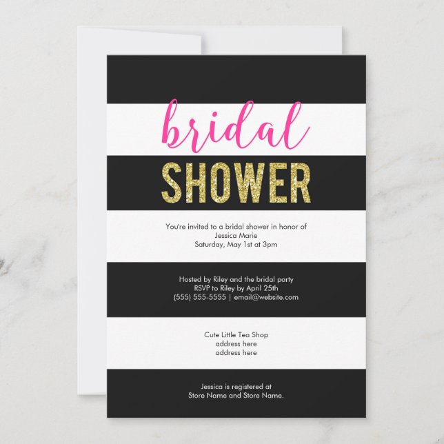 Glitter Hot Pink Black Stripes Bridal Shower Invitation (Front)