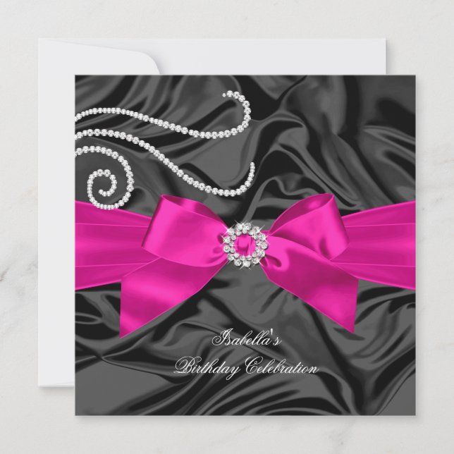 Glitter Hot Pink Diamond Charcoal Black Silk Invitation (Front)