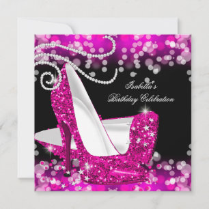 Glitter Hot Pink High Heels Diamonds Birthday Invitation
