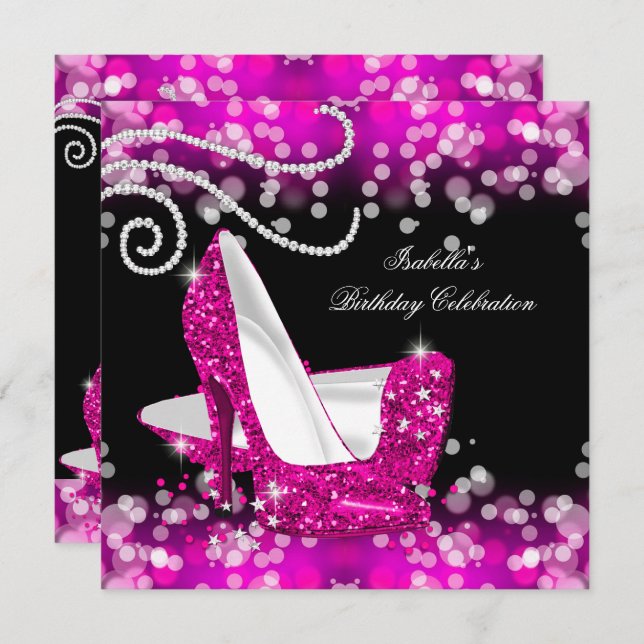 Glitter Hot Pink High Heels Diamonds Birthday Invitation (Front/Back)