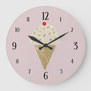 Glitter Ice Cream Cone Red Cherry on Pink Large Clock