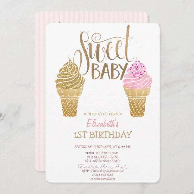 Glitter Ice Cream Macaroons Striped Birthday   Invitation (Front/Back)