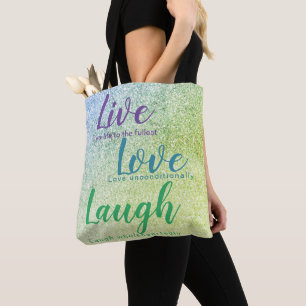 Glitter Inspire Live Love Laugh Blue Green Purple Tote Bag