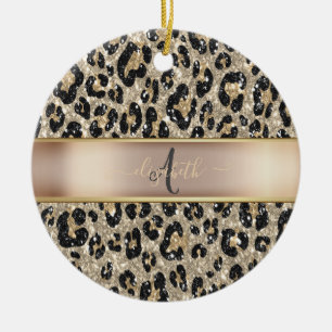 Glitter Leopard Pattern Monogram   Ceramic Ornament