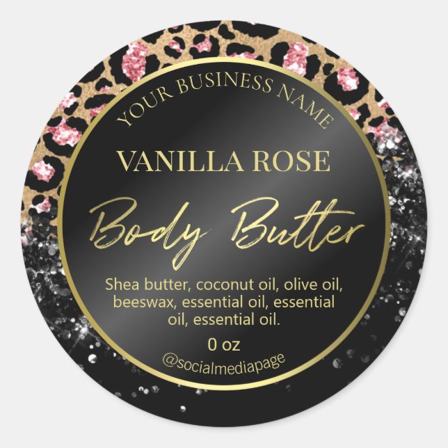 Glitter Leopard Print Black Body Butter Labels (Front)