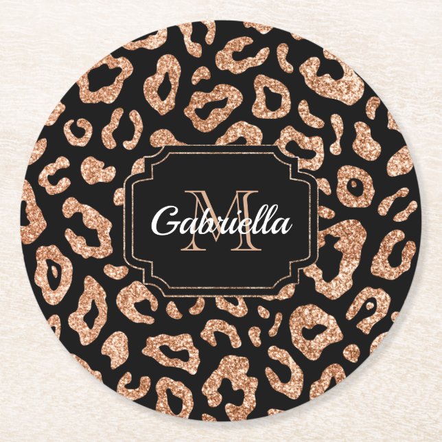 Glitter Leopard Print Round Paper Coaster (Front)