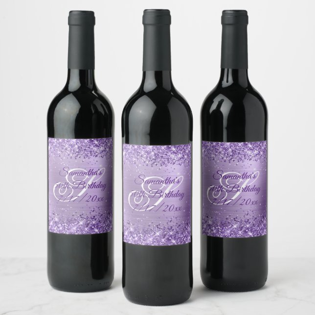 Glitter Light Purple Foil 50th Birthday Wine Label (Bottles)