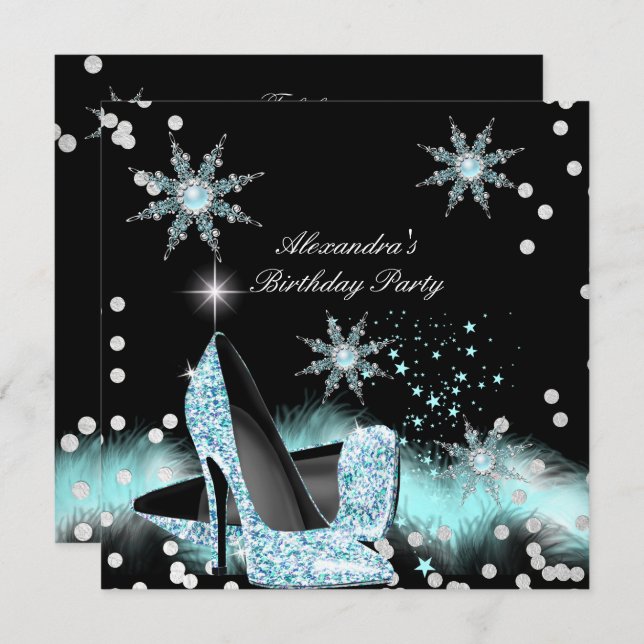 Glitter Light Teal Blue High Heels Birthday Party Invitation (Front/Back)