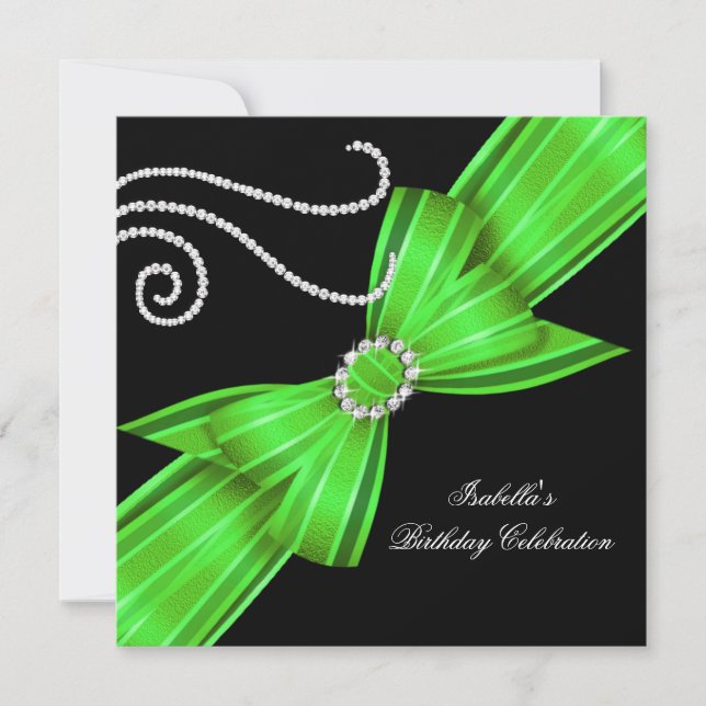 Glitter Lime Diamond Bow Black Birthday Party Invitation (Front)